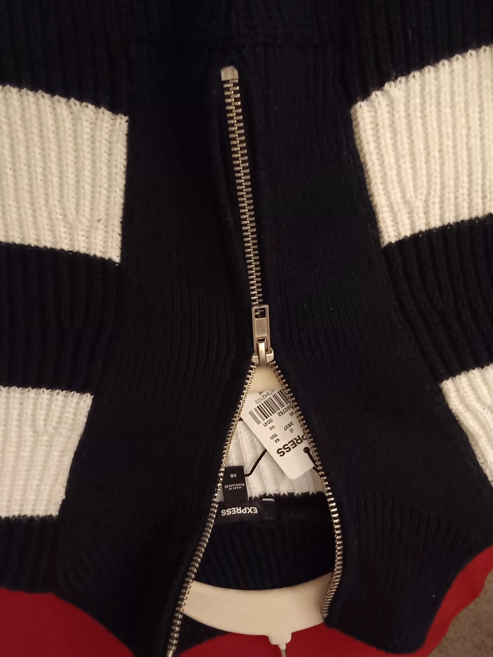 Express Women’s Black and White Striped Zip-Up Sweater